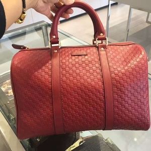 New GUCCI Red Leather Micro GG Guccissima Boston